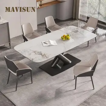 Italyan Kaya Döşeme Mutfak Masası Siyah Karbon Çelik Çerçeve Altı Koltuk Sandalye Kombinasyonu Beyaz Minimalist Dikdörtgen yemek masası