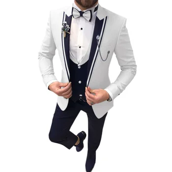 Yeni Rahat Moda erkek Takım Elbise Üç parçalı Set (üst + Yelek + Pantolon) yaka İnce Düğün Töreni Damat En İyi Erkek Takım Elbise erkek Takım Elbise