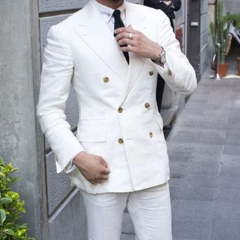 Son Stil Tailor Made Moda Kruvaze Beyaz Erkek Takım Elbise Slim Fit Damat Smokin düğün elbisesi Ofis Parti Kostüm