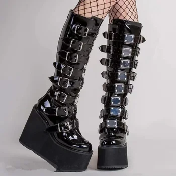 Kadın Yüksek Çizmeler 2023 Artı Boyutu 43 Lüks Tasarım Platformu Kalın Topuk Punk Serin Gotik Siyah Toka Ayakkabı Botas De Mujer