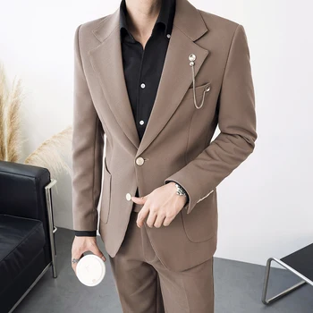 (Blazer + Pantolon) yüksek Kalite Moda İş Rahat erkek Takım Elbise Kore Tarzı İnce Ceket İki Parçalı Set Elbise Parti