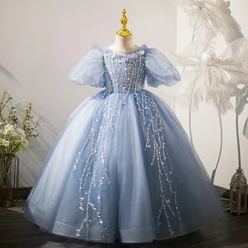 2023 Piyano Performans Kostümleri Bebek Kız Çocuklar için Payetli Prenses balo elbisesi Çocuk Karnaval Akşam Parti Uzun Elbiseler