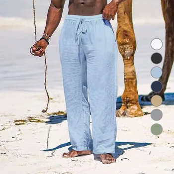 Erkek Pamuk Keten Pantolon Yaz Nefes İnce pantolon Rahat Serin Katı Gevşek Ayak Bileği Uzunlukta Pantolon Plaj Ev Seyahat