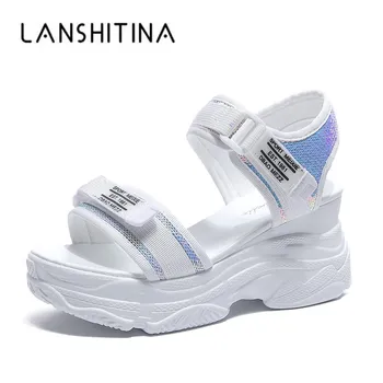 Kadın Bling Sandalet 2020 Yaz platform sandaletler 8 CM Takozlar Kalın Alt rahat Kadın ayakkabı Rahat Beyaz Sandalet Spor Ayakkabı