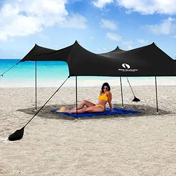Plaj çadırı ve Plaj, UPF50 Güneş Plaj Gölge, Güneşlik 4 Alüminyum Direk, 4 Kutuplu Çapa ve Kum Kürek, Büyük ve Po