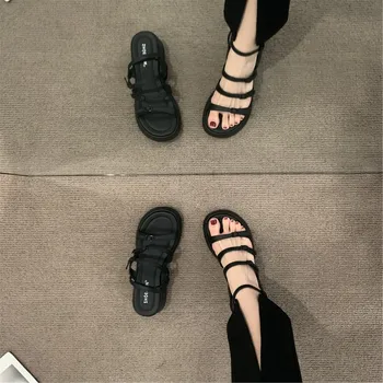 4.5 cm Sandalet deri ayakkabı kama platform sandaletler Dar Bant Toka Kayış kadın ayakkabıları 2023 Yaz bej