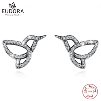 EUDORA 925 Ayar Gümüş Moda Beyaz Pavé Kristal Hummingbird Küpe Kadınlar Zarif Öğrenci Kız Arkadaşı Takı Aksesuar