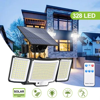 328/348 LED güneş enerjili açık hava aydınlatması 3 Modları Hareket Sensörü Duvar Lambası Uzaktan Kumanda ile 3 Kafaları IP65 LED projektör Bahçe için