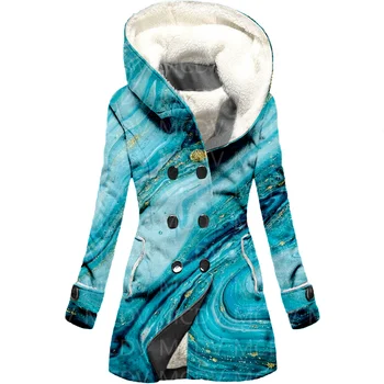 Mavi Bataklık 3D Baskılı Polar kapüşonlu pelerin Kadın Kalın sıcak tutan kaban kadın Kış Sıcak Palto
