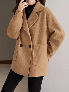 Moda Yeni Kadın Zarif Rahat Katı Yün Ceket Uzun Kollu Vintage Gevşek Şık Giyim Palto Kadın Ceket Elbise