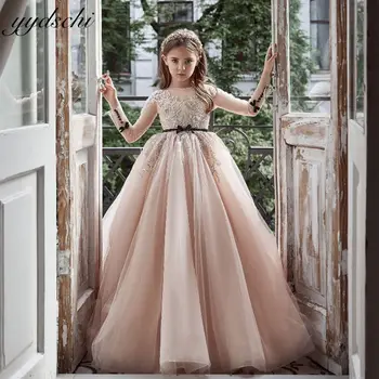 Zarif Çıplak Renk Yanılsama Uzun Kollu Çiçek Kız Elbise 2023 Prenses Dantel Aplikler Sparkle Boncuklu Çocuklar İlk Communion elbise