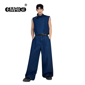 Erkekler 2 ADET Denim Setleri Yelek Pantolon Streetwear Moda Vintage Casual Standı Yaka Yelek Geniş Bacak Kot Kadınlar için Parti Elbise Takım Elbise