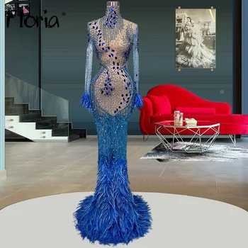 Artı Boyutu Tüyler Lüks Abiye giyim Kadın Mavi Tam Boncuklu Düğün Parti Elbise Ağır Kristaller Örgün Durum Elbise Dubai