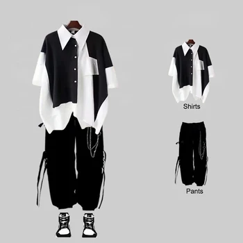 Yeni Erkek Streetwear İki parçalı Takım Elbise Ekleme Zinciri Uzun Kollu + Şerit Zincir Pantolon Harajuku Kargo Pantolon 2 Parça Setleri Erkek Kıyafetler