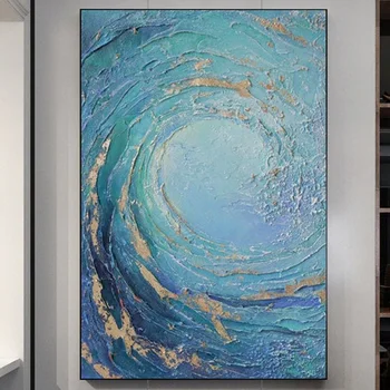 El-boyalı Yağlıboya Mavi Okyanus Dalgaları Modern Altın Folyo Lüks High-end Ev Dekor Oturma Odası Yatak Odası Sundurma Duvar Duvar Sanatı