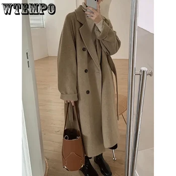 WTEMPO Kadınlar Katı Yün Palto Ofis Bayanlar Sonbahar Kış Yeni Kore Zarif Gevşek Dantel-up Kalınlaşmış Orta uzunlukta Yün Ceketler