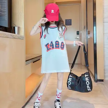 Yaz kız çocuk elbisesi Rahat Spor Kısa Kollu Uzun T-Shirt 5 İla 14Y Kız Çocuk Mektupları Moda İnce Kolsuz Kayma Elbise