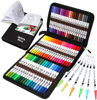 Duo Ucu Fırça Boyama Kalemleri, Sanat Belirteçleri, İnce ve Fırça kalem ucu Çocuklar Yetişkinler için Boyama Kitabı Mermi Dergiler Planlayıcısı