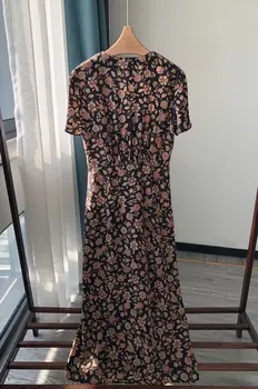 Kadın çiçek baskı v yaka tek göğüslü kısa kollu %100 ipek Vintage Mini elbise