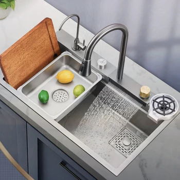 Yeni Yağış Şelale Tek Yuvası Mutfak Lavabo 3mm Kalınlaşmış lavabo mutfak lavabosu Topmount Musluk Drenaj