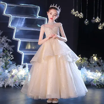 Çiçek Kız Doğum Günü Prenses Elbise Zarif Podyum Gösterisi Akşam Örgü Parti Balo çocuk Ev Sahibi Piyano Performans Elbise