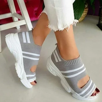 Kadın Örme Sandalet Yaz Platformu Rahat Sandalet spor ayakkabı Kadın Peep Toe üzerinde Kayma Bayanlar Sneakers 2023 Yeni
