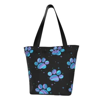 Geri dönüşüm Yıldızlı Pençeleri alışveriş çantası Kadın Omuz Tuval Tote Çanta Yıkanabilir Çiçek Köpekler Hayvan Bakkaliye Alışveriş Çantaları
