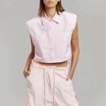 Yeni Kadın Kısa Omuz Pedi Kolsuz Gömlek Casual Moda Bayan Yelek Bluz Tüm Maç 2023 İlkbahar ve Yaz