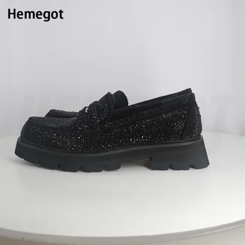 Erkekler Siyah Rhinestones Loafer'lar Siyah Bling Bling erkek ayakkabısı Yeni Yuvarlak Ayak Kristaller Slip-On Yüksekliği Artan Elbise Ayakkabı 38-47
