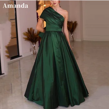 Amanda Zarif Koyu Yeşil Gece Elbisesi Seksi Bir Omuz Balo Elbise 2023 İpek A-line Parti Elbise Seksi Kolsuz Balo Elbisesi