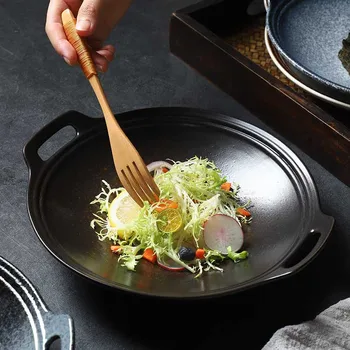 Japon tarzı makarna tabağı seramik yaratıcı çift kulak plakası ev çanak sofra meyve salatası tabağı büyük disk yemek tabağı