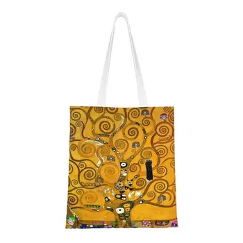 Gustav Klimt Tarafından özel Hayat Ağacı Tuval Alışveriş Çantaları Kadın Yıkanabilir Bakkaliye Boyama Sanat Alışveriş Bez Çantalar