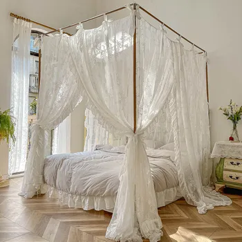 Beyaz Dantel Jakarlı Prenses Kız Yatak Perdeleri Gölgelik Yatak Kare Mahkemesi Sivrisinek Tekstil Netleştirme Mesh Net Kral Yatak, H210cm