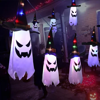 Cadılar bayramı asılı kafatası hayalet perili seramik karo korku örümcek Web LED ışıkları parti kolye ev kapalı açık Bar dekor