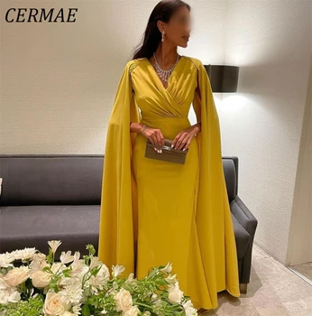 CERMAE Mermaid Şal şifon gece elbisesi Balo Sarı Uzun V Yaka Parti Nedime resmi elbiseler Kadınlar için 2023