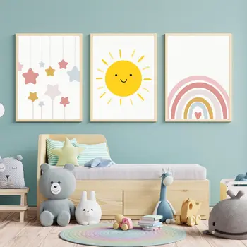 Iskandinav Karikatür Renkli Yıldız Güneş Gökkuşağı Kreş Çocuk Oyun Odası duvar sanatı tuval yağlıboya Posterler Çocuk Odası Ev Dekor İçin