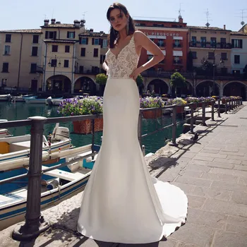 Düğün elbisesi Seksi V Boyun Spagetti Sapanlar Dantel Aplike Custom made Aç Geri Gelin Trompet Gelinlikler