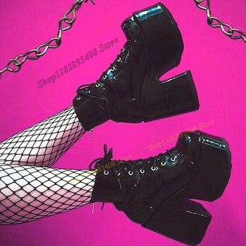 Siyah Renk Çapraz Bağlı yarım çizmeler Platformu Patent Deri Tıknaz Topuk Fermuar Kadın Ayakkabı 2023 Moda Zapatos Seksi Para Mujere