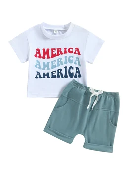 0-3Y Bağımsızlık Günü Yürümeye Başlayan Çocuk Giyim Setleri Yıldız Çizgili Baskı kısa kollu tişört Elastik şort takımı