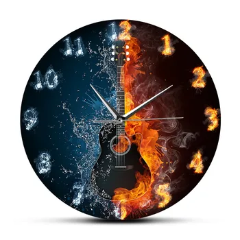 Yangın Ve Su Yin Yang Akustik Gitar Modern Tasarım duvar saati Müzik Stüdyosu Gitarist Ev Dekor Sessiz Kuvars duvar Saati