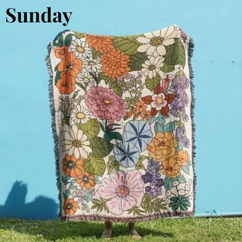 Çiçek piknik battaniyesi Yatak Eğlence İplik Battaniye Ins Goblen Amerikan Baskı kanepe kılıfı Ev Dekorasyon Boho Kamp Mat