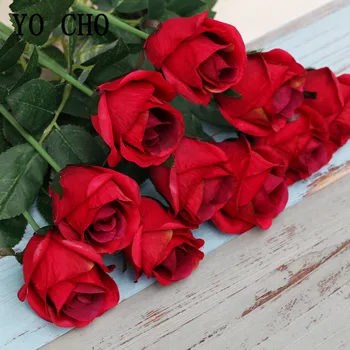 YO CHO 3 adet yapay çiçek İpek Gül DIY Çiçek Düzenleme Sahte Tek Şube Sahte Gül Kırmızı Düğün Parti Ev masa süsü