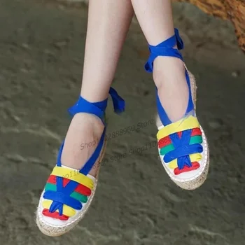 Dantel-Up Karışık Renk Örgü Dekor Sandalet Düz Kapak Topuk Ayakkabı Kadınlar için Yuvarlak Ayak 2023 Moda Zapatos Para Mujere