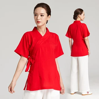 Yaz Kung Fu Elbise Wushu Giyim Dövüş Sanatı Üniforma Tai Chi Elbise Keten Çapraz Yaka Kadın Kun Usta 2023 Yeni Stil