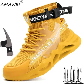 AMAWEI Yıkılmaz Adam Yüksek Top Güvenlik Ayakkabıları Kaymaz İş Sneakers Nefes Erkekler Çelik Ayak Delinme Geçirmez Güvenlik Botları