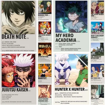Beyaz Kaplamalı Kağıt Klasik Anime Posterleri Titan Ölüm Notu Haikyuu'ya Saldırı!! Poster Boyama Resimleri Odası Bar Ev Dekor