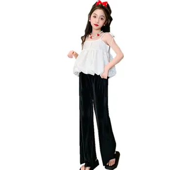 2023 Genç Kızlar İnce giyim setleri Serin Moda Düz Renk Çocuklar Yaz Yelek + Geniş Bacak Pantolon 2 Adet Kore Rahat Kıyafetler 5-14Years