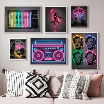 Neon Müzik Figürü Boyama Vintage Resimleri duvar sanatı tuval yağlıboya Posterler Ve Baskılar Duvar Oturma Odası Bar Ev Dekor