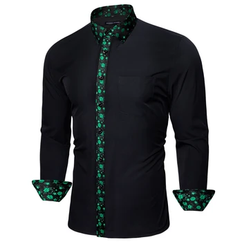 Lüks Gömlek Erkekler için Uzun Kollu İpek Siyah Yeşil Katı Çiçek Yama Erkek Bluzlar İlkbahar Sonbahar Casual Yaka TopsBarry Wang