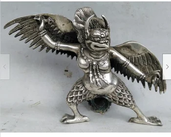 20 CM Çin Eski Tibet Tibet Gümüş Bakır El Oyma Redpoll Kanatlı Garuda Heykeli